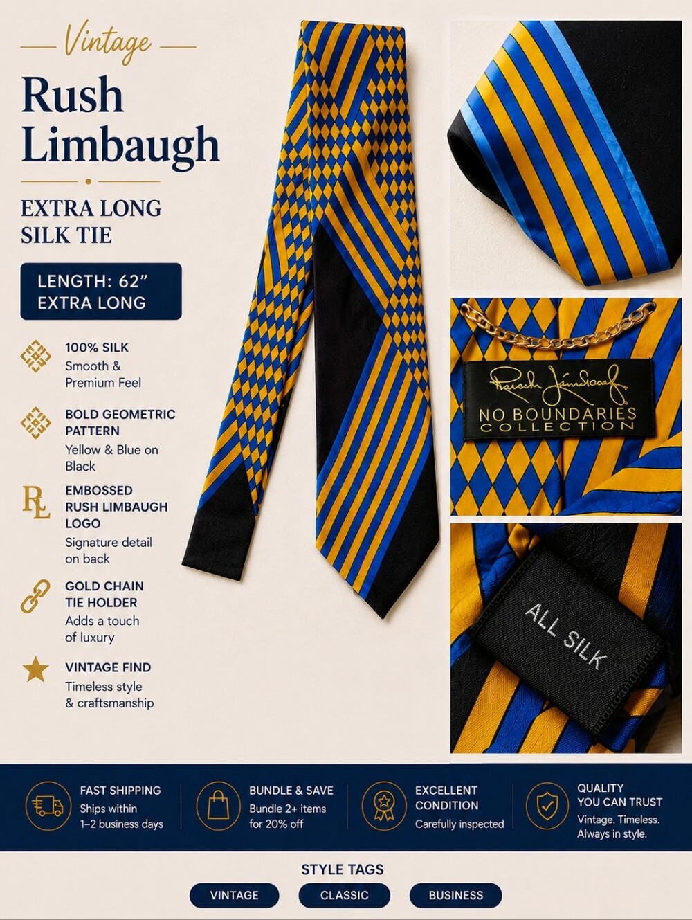 Vintage Rush Limbaugh Silk Tie | Extra Long- 62in | Blue/yellow